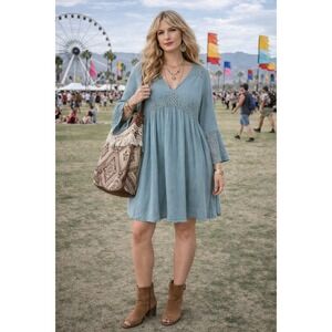 She + Sky Boho Lace Bell Sleeve Babydoll Dress Sage Green Size Small